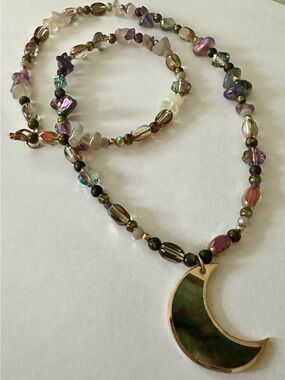 Hand Crafted Multicolor Beaded Necklace with Green Crescent Moon Pendant